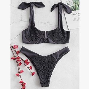 ZAFUL Women's Underwire V Cut Bikini Set Two Piece Swimsuit Black Gray